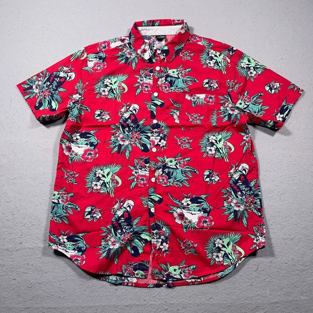 Star Wars Mandalorian Hawaiian Shirt Mens Medium Baby‎ Yoda Grogu Red Button Up
